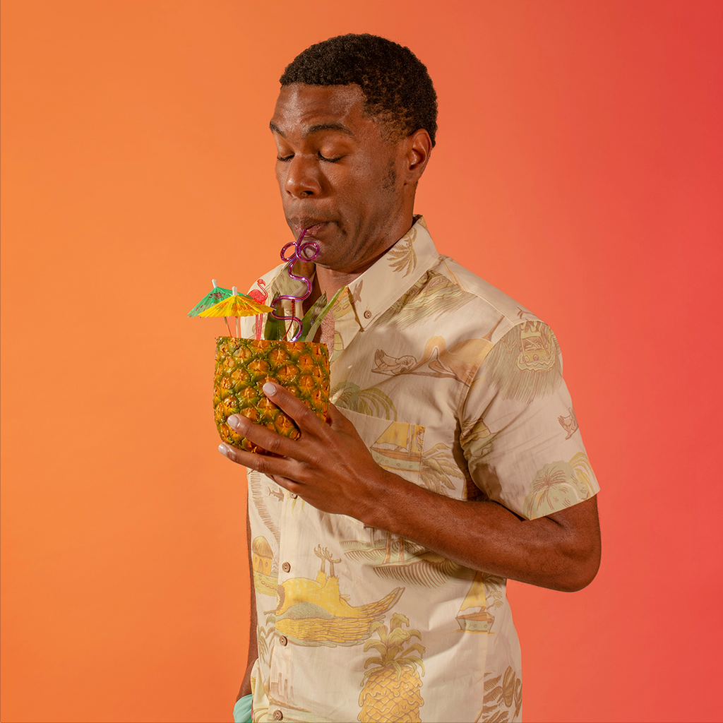 Climate Change Hawaiian Shirt, Button Down Aloha Shirt, Cream, White, Organic Cotton, Pineapple Cocktail, Coconut Buttons, Sustainable